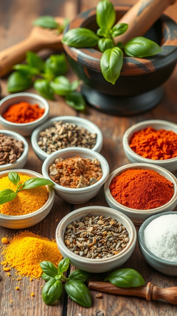 Colorful spices and herbs in bowls on a wooden table with a mortar and pestle.